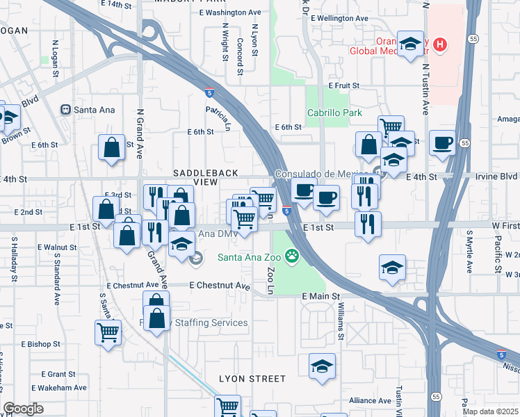 map of restaurants, bars, coffee shops, grocery stores, and more near 1658 Palm Street in Santa Ana