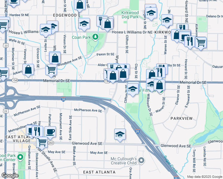 map of restaurants, bars, coffee shops, grocery stores, and more near 1621 Memorial Drive Southeast in Atlanta