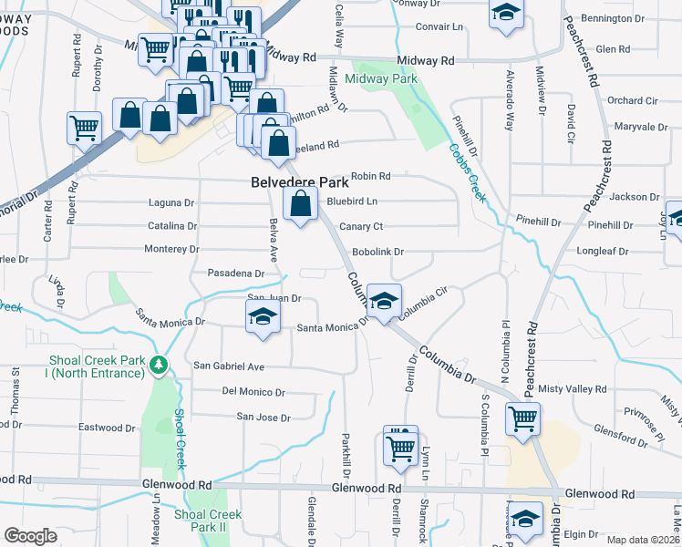 map of restaurants, bars, coffee shops, grocery stores, and more near 3088 Lauren Parc Road in Decatur