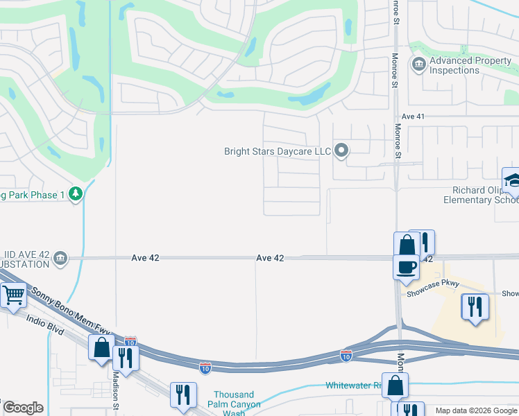 map of restaurants, bars, coffee shops, grocery stores, and more near 41647 Calle Pampas in Indio