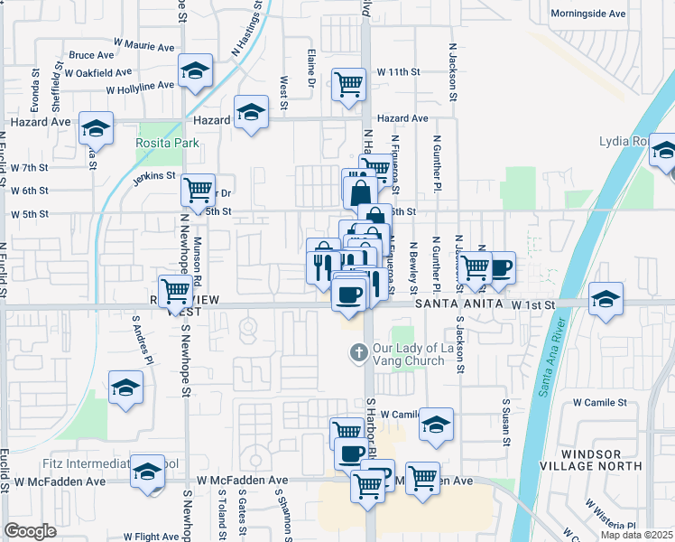 map of restaurants, bars, coffee shops, grocery stores, and more near 420 Missouri Lane in Santa Ana