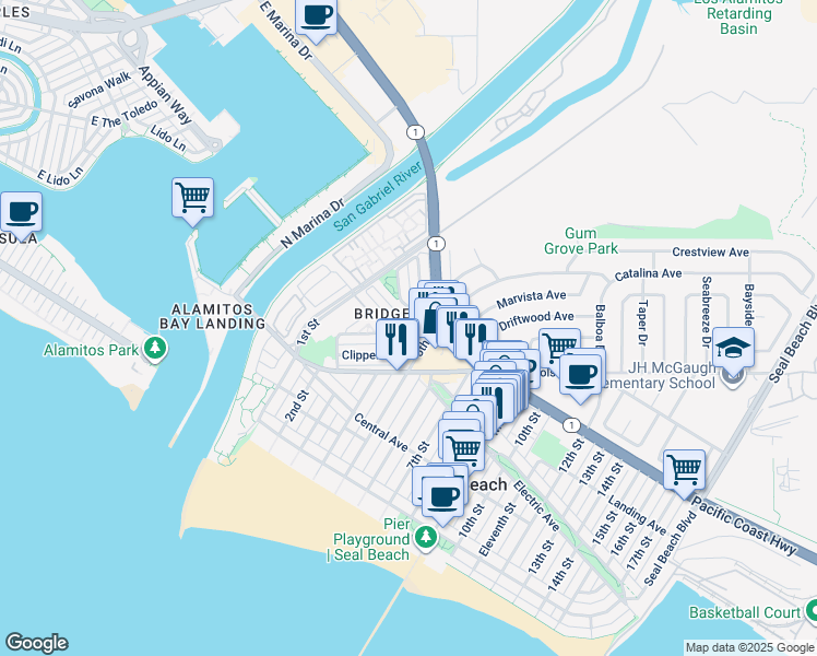map of restaurants, bars, coffee shops, grocery stores, and more near 393 Galleon Way in Seal Beach