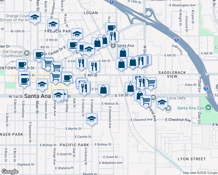 map of restaurants, bars, coffee shops, grocery stores, and more near 200 North Standard Avenue in Santa Ana