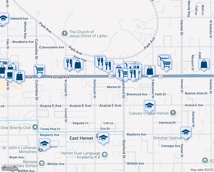 map of restaurants, bars, coffee shops, grocery stores, and more near 41591 East Florida Avenue in Hemet