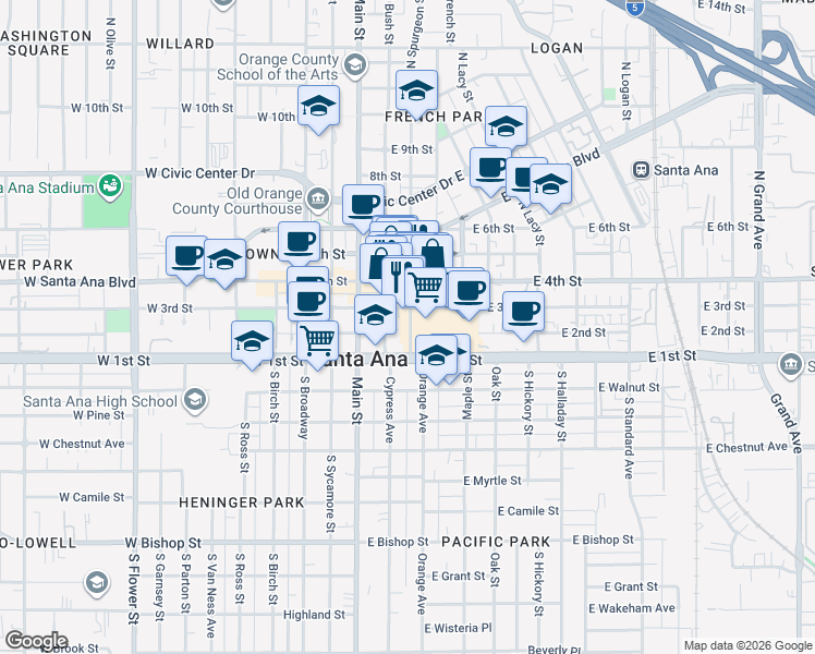 map of restaurants, bars, coffee shops, grocery stores, and more near 268 North Spurgeon Street in Santa Ana