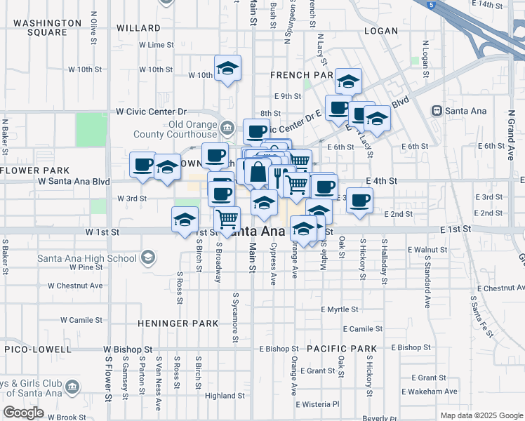 map of restaurants, bars, coffee shops, grocery stores, and more near 210 East 4th Street in Santa Ana
