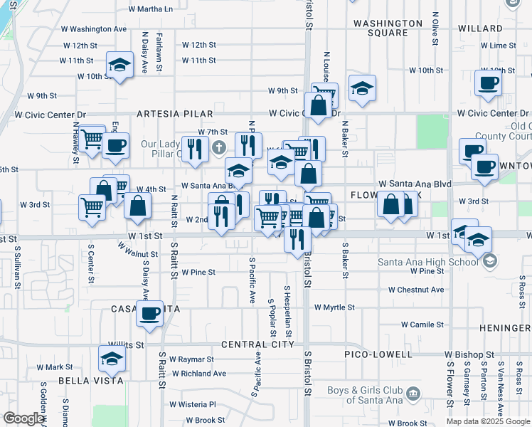 map of restaurants, bars, coffee shops, grocery stores, and more near 1422 West 3rd Street in Santa Ana
