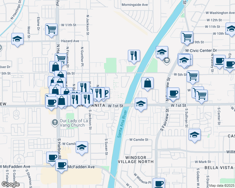map of restaurants, bars, coffee shops, grocery stores, and more near 3118 Jeannie Common in Santa Ana