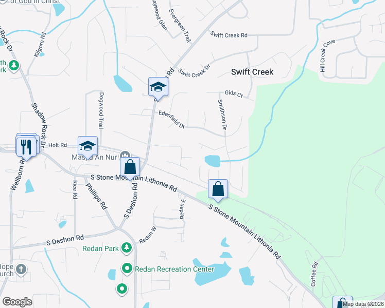 map of restaurants, bars, coffee shops, grocery stores, and more near 6358 Deshong Drive in Lithonia