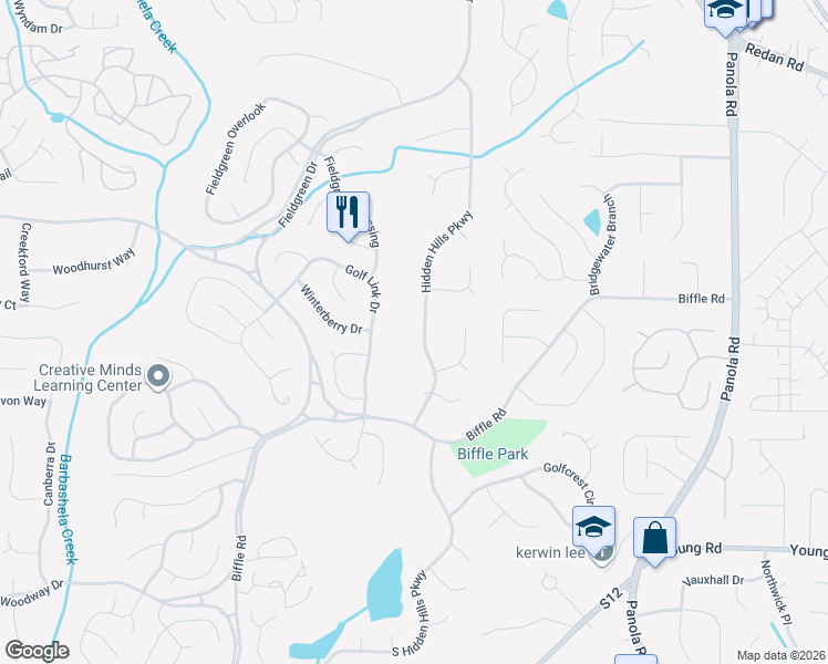 map of restaurants, bars, coffee shops, grocery stores, and more near 1531 Hidden Hills Parkway in Stone Mountain