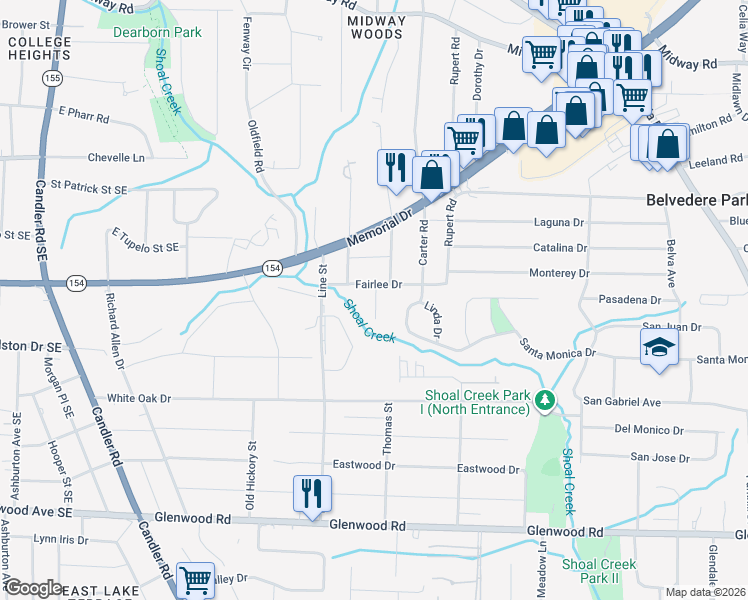 map of restaurants, bars, coffee shops, grocery stores, and more near 1572 Melanie Court in Decatur