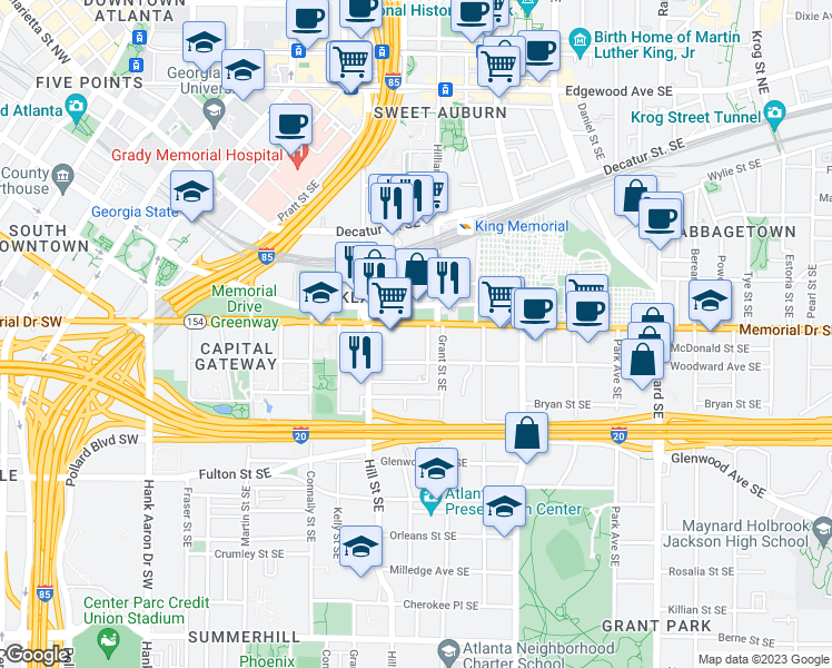 map of restaurants, bars, coffee shops, grocery stores, and more near 291 Martin Luther King Junior Drive Southeast in Atlanta