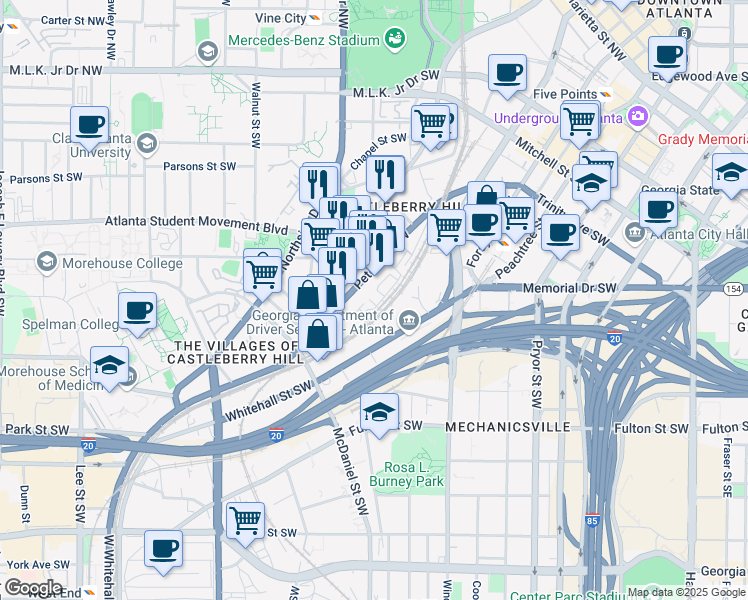 map of restaurants, bars, coffee shops, grocery stores, and more near 300 Peters Street Southwest in Atlanta