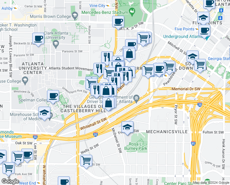 map of restaurants, bars, coffee shops, grocery stores, and more near 291 Walker Street Southwest in Atlanta