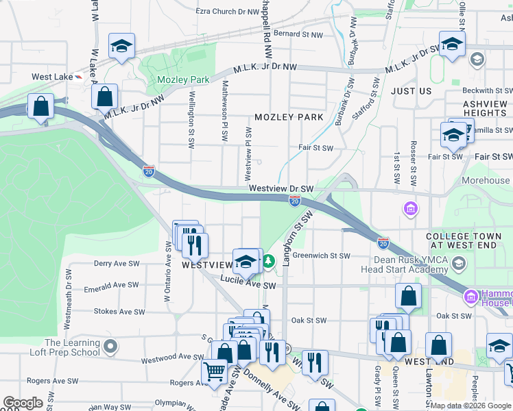 map of restaurants, bars, coffee shops, grocery stores, and more near 319 Enota Place Southwest in Atlanta