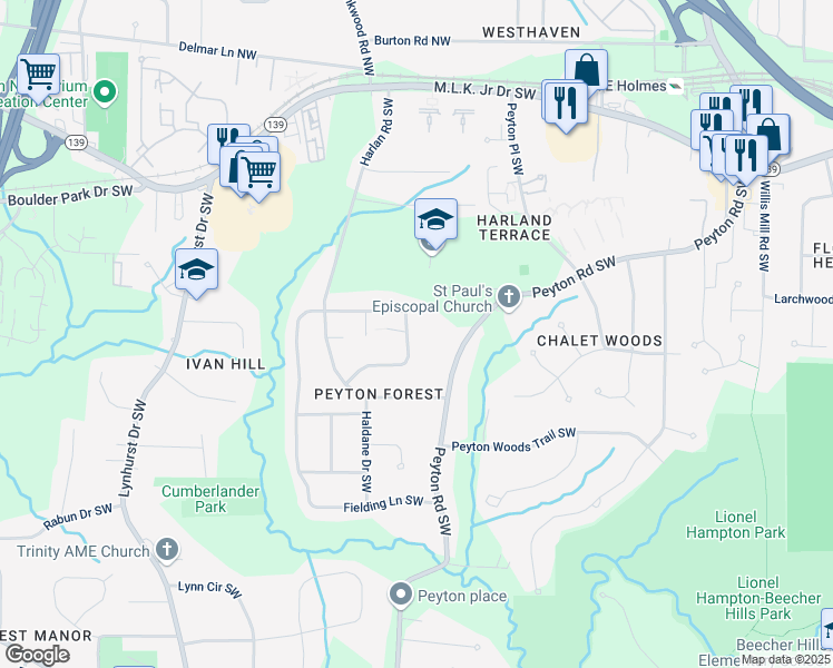 map of restaurants, bars, coffee shops, grocery stores, and more near 186 Fielding Lane Southwest in Atlanta