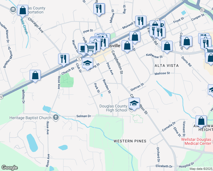 map of restaurants, bars, coffee shops, grocery stores, and more near 8589 Bowden Street in Douglasville