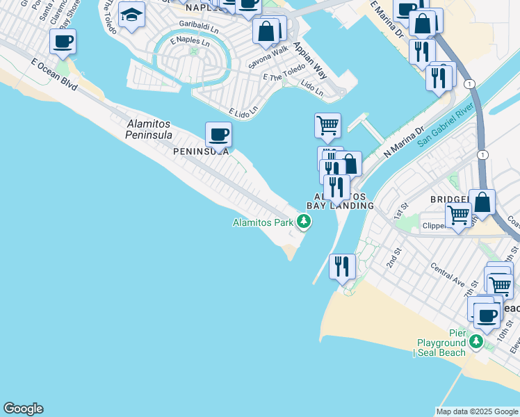 map of restaurants, bars, coffee shops, grocery stores, and more near 21 68th Place in Long Beach