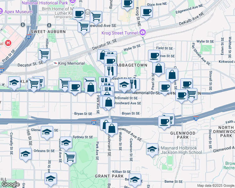 map of restaurants, bars, coffee shops, grocery stores, and more near 621 Memorial Drive Southeast in Atlanta