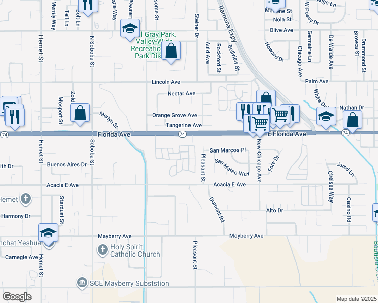 map of restaurants, bars, coffee shops, grocery stores, and more near 42751 East Florida Avenue in Hemet