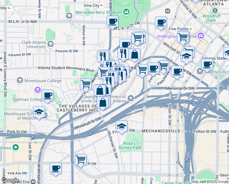 map of restaurants, bars, coffee shops, grocery stores, and more near 300 Peters Street Southwest in Atlanta