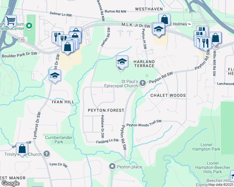 map of restaurants, bars, coffee shops, grocery stores, and more near 186 Fielding Lane Southwest in Atlanta