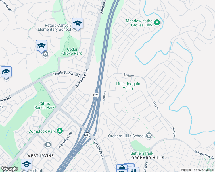 map of restaurants, bars, coffee shops, grocery stores, and more near 46 Shadybend in Irvine
