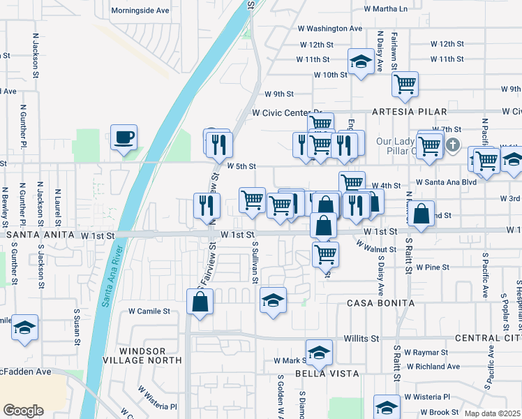map of restaurants, bars, coffee shops, grocery stores, and more near 2301-2499 W 3rd St in Santa Ana