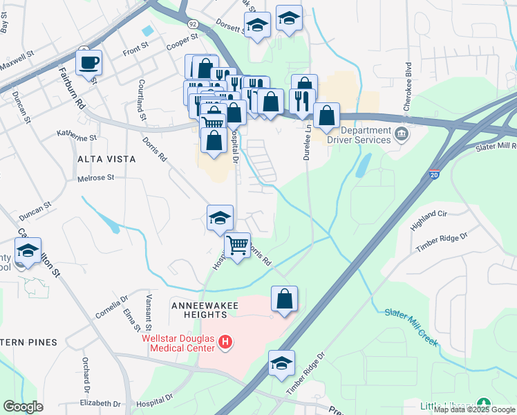 map of restaurants, bars, coffee shops, grocery stores, and more near 8634 O'Neal Drive in Douglasville
