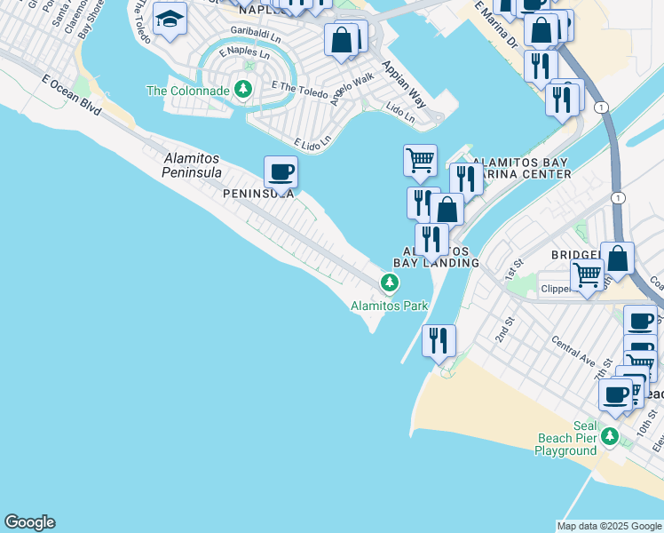 map of restaurants, bars, coffee shops, grocery stores, and more near 21 68th Place in Long Beach