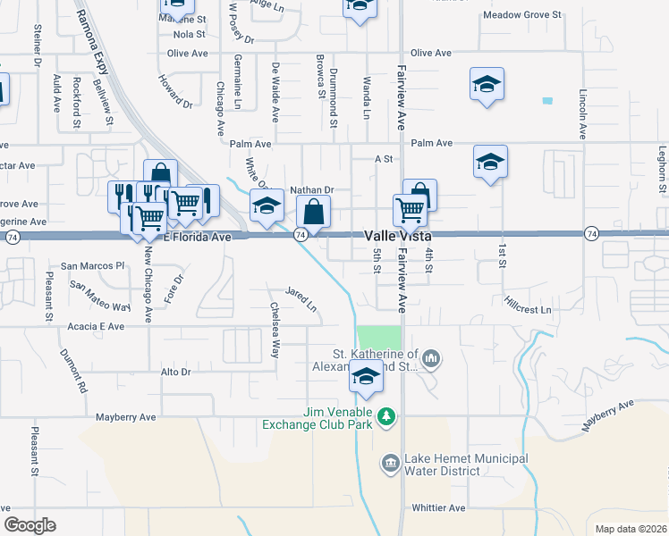 map of restaurants, bars, coffee shops, grocery stores, and more near 43823 D Street in Hemet