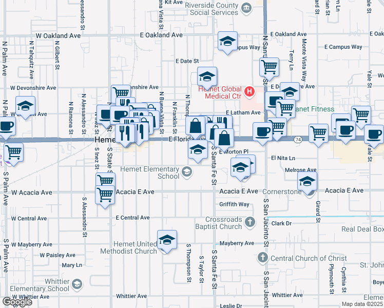 map of restaurants, bars, coffee shops, grocery stores, and more near 140 South Thompson Street in Hemet