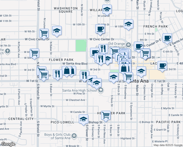 map of restaurants, bars, coffee shops, grocery stores, and more near 700 West 3rd Street in Santa Ana