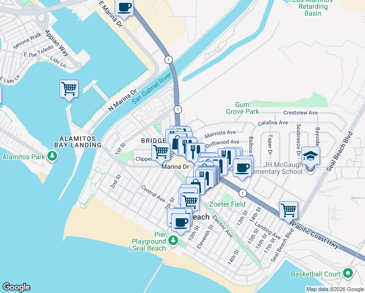 map of restaurants, bars, coffee shops, grocery stores, and more near Pacific Coast Highway & 5th Street in Seal Beach