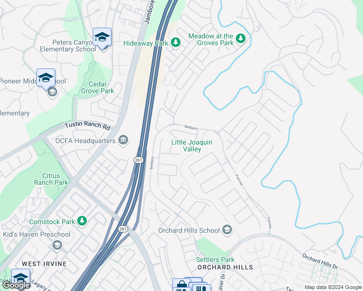 map of restaurants, bars, coffee shops, grocery stores, and more near 126 Long Fence in Irvine