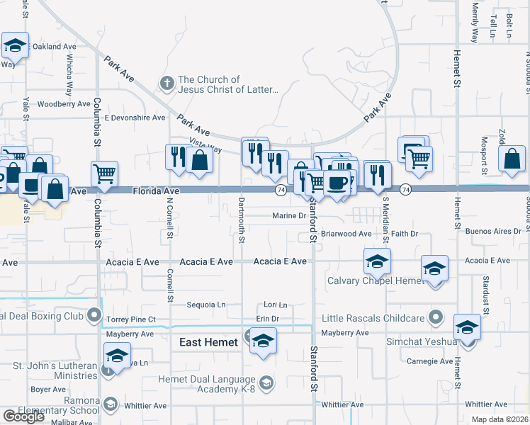 map of restaurants, bars, coffee shops, grocery stores, and more near 41592 Marine Drive in Hemet
