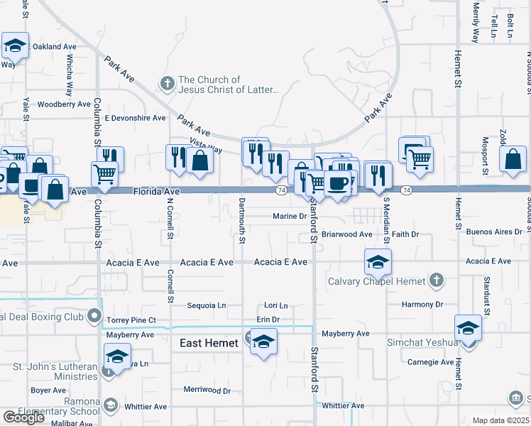 map of restaurants, bars, coffee shops, grocery stores, and more near 41590 Marine Drive in Hemet