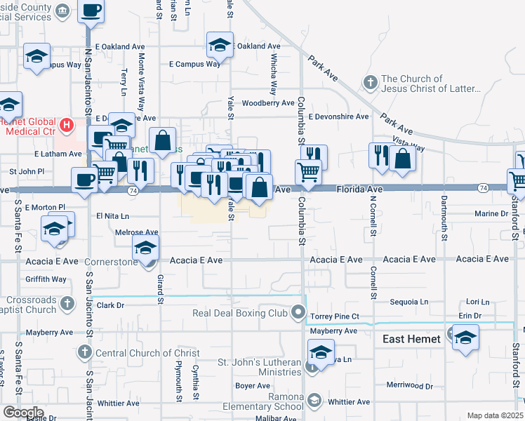 map of restaurants, bars, coffee shops, grocery stores, and more near 2325 East Florida Avenue in Hemet