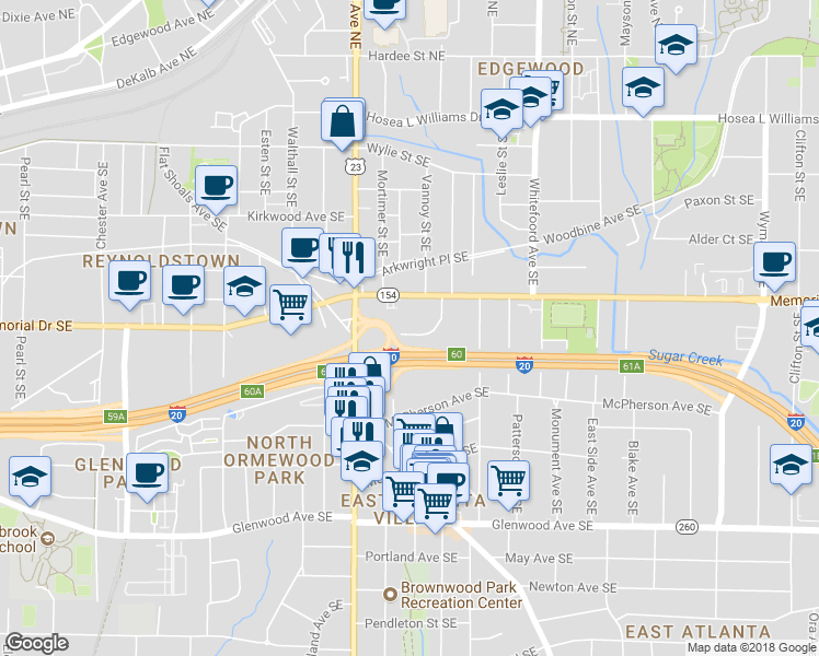 map of restaurants, bars, coffee shops, grocery stores, and more near 1238 Trenton Street Southeast in Atlanta