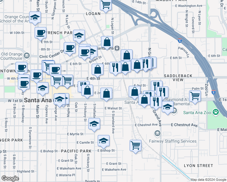 map of restaurants, bars, coffee shops, grocery stores, and more near 263 North Standard Avenue in Santa Ana