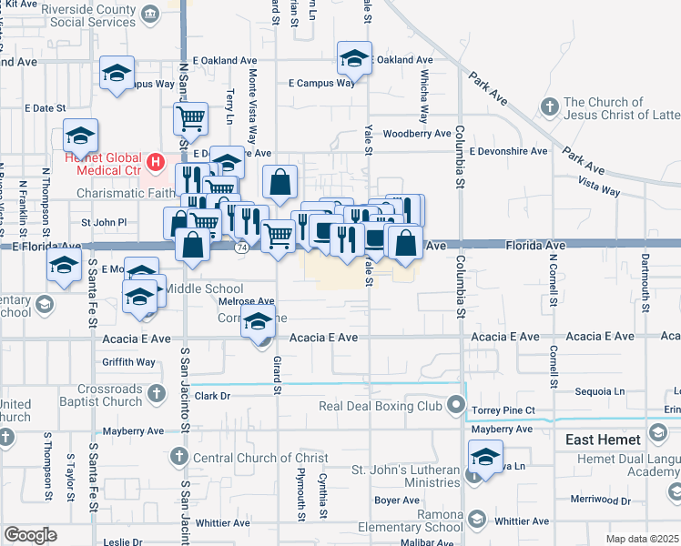 map of restaurants, bars, coffee shops, grocery stores, and more near 1939 East Florida Avenue in Hemet