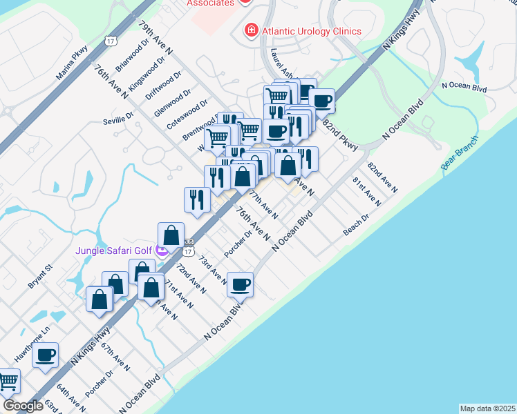map of restaurants, bars, coffee shops, grocery stores, and more near 405 77th Avenue North in Myrtle Beach