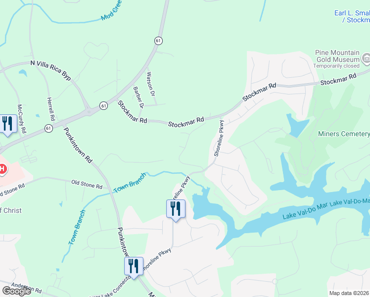 map of restaurants, bars, coffee shops, grocery stores, and more near 2101 Owls Way in Villa Rica