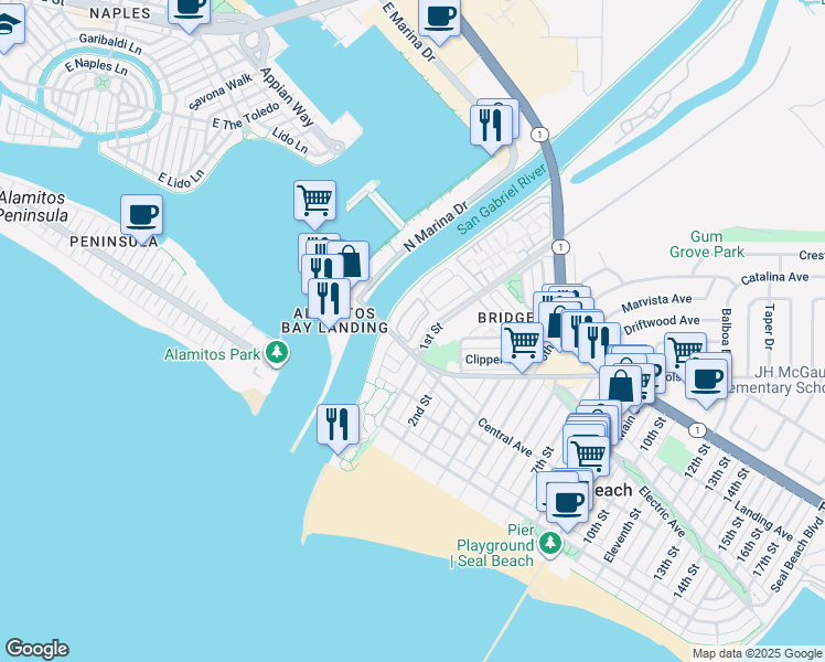 map of restaurants, bars, coffee shops, grocery stores, and more near 311 Spinnaker Way in Seal Beach