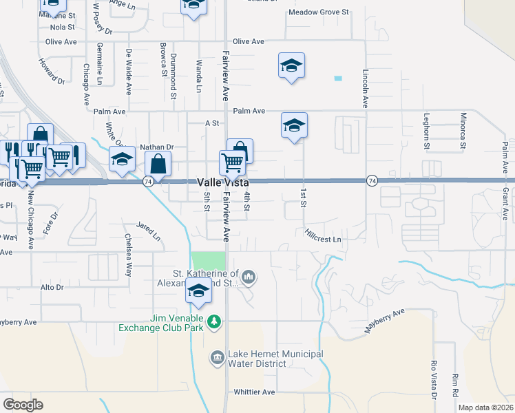 map of restaurants, bars, coffee shops, grocery stores, and more near 44130 D Street in Hemet
