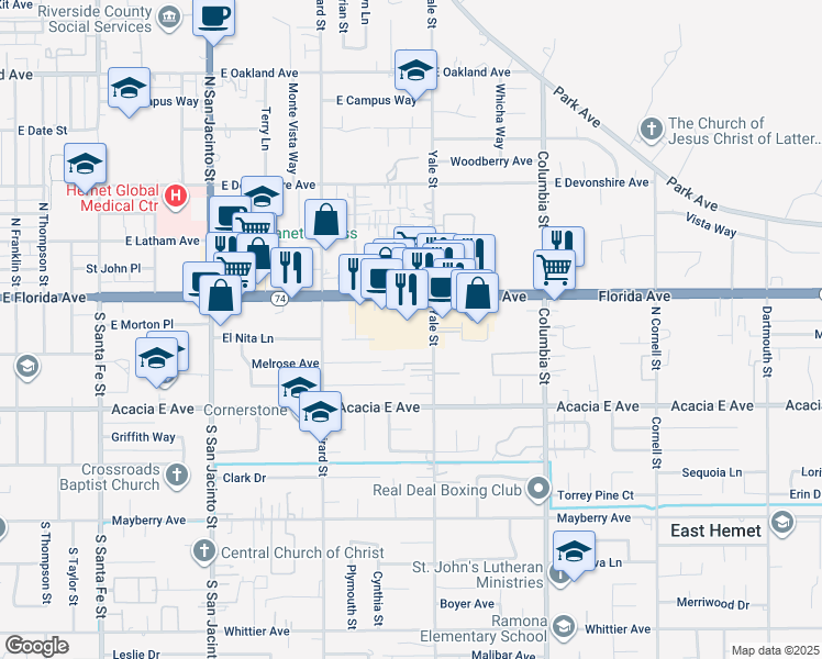 map of restaurants, bars, coffee shops, grocery stores, and more near 2093 East Florida Avenue in Hemet