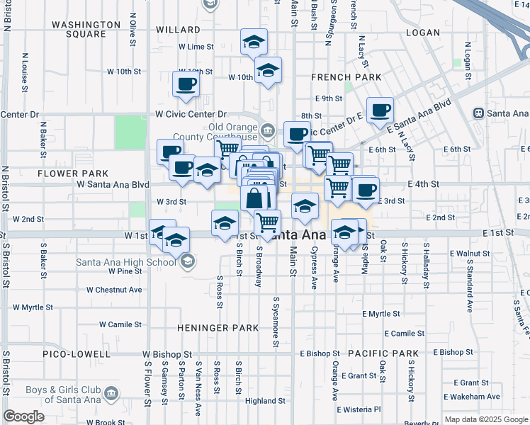 map of restaurants, bars, coffee shops, grocery stores, and more near in Santa Ana