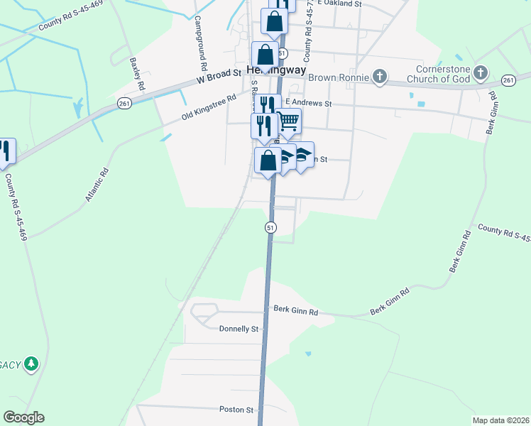 map of restaurants, bars, coffee shops, grocery stores, and more near 100 East Anderson Boulevard in Hemingway