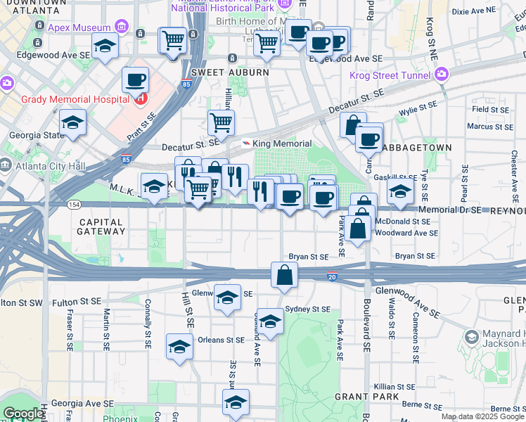 map of restaurants, bars, coffee shops, grocery stores, and more near 401 Memorial Drive Southeast in Atlanta