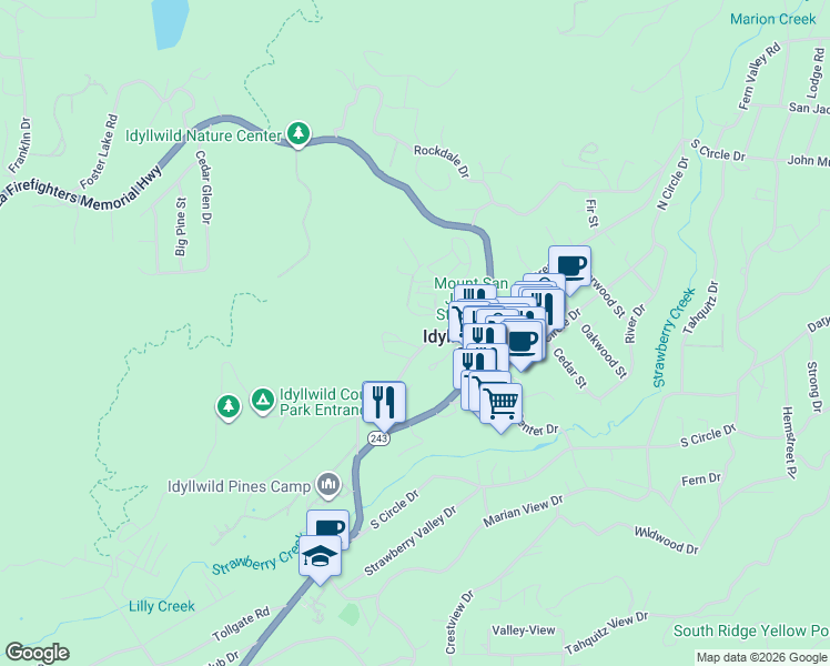 map of restaurants, bars, coffee shops, grocery stores, and more near 54200 Pine Crest Avenue in Idyllwild-Pine Cove